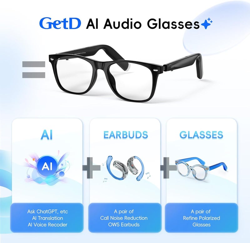 GetD AI Glasses for Men & Women, Smart Glasses Powered by ChatGPT, AI Real-time Translation with 145 languages, 11H Music Play, Bluetooth Glasses with Anti-Blue Light Lens for Daily Use, Travel - Image 2